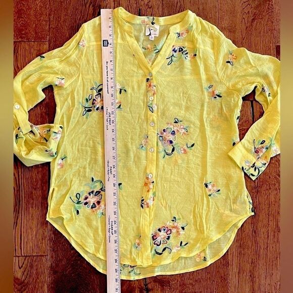 Fig and Flower Blouse Womens M Floral Embroidered Boho Peasant Top Yellow Button - Picture 8 of 12